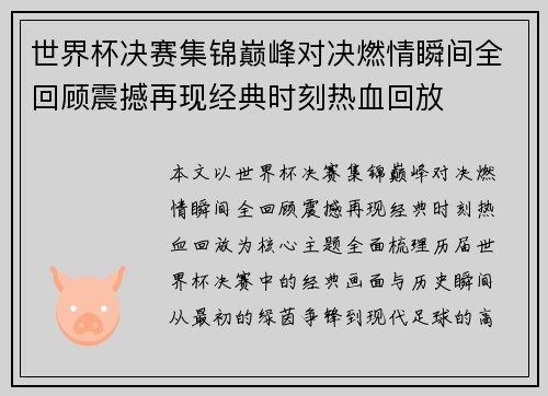 世界杯决赛集锦巅峰对决燃情瞬间全回顾震撼再现经典时刻热血回放